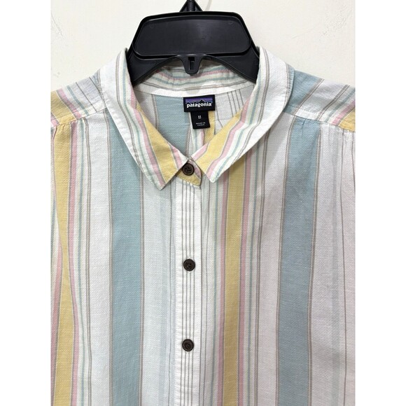 Patagonia Women M Organic Cotton Hemp Button Up Striped Shirt Lightweight Blue - Picture 2 of 9